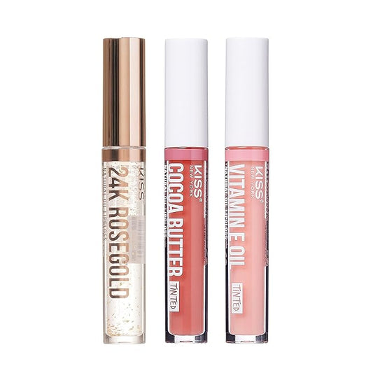 3 PACK Lip Oil Gloss, Hydrating Non-Sticky Lip Oil, 100% Natural Oil, Lightweight, Moisturizing, Nourishing (Rosegold & Cocoa Butter & Vitamin E)