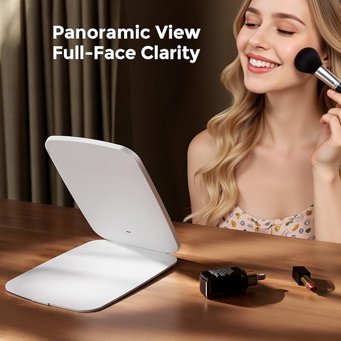 Rechargeable Folding Makeup Mirror with LED Lights, 10" x 7" Large View, 3 Lighting Modes, 2000mAh Battery & Magnetic Closure for Home & Travel (White)