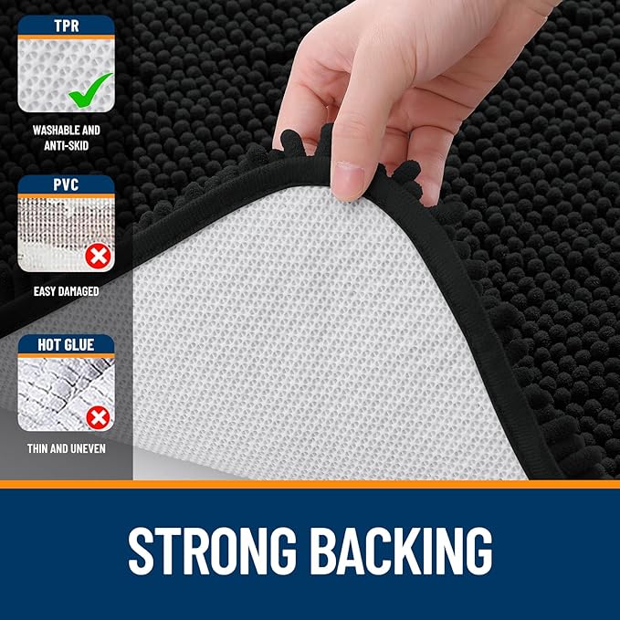 OLANLY Bathroom Rugs 24x16, Extra Soft Absorbent Chenille Bath Rugs, Rubber Backing Quick Dry, Machine Washable Bath Mats for Bathroom Floor, Tub and Shower, Home Decor Accessories, Black