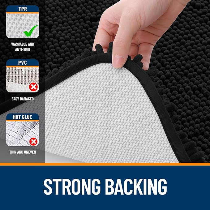 OLANLY Bathroom Rugs 30x18, Extra Soft Absorbent Chenille Bath Rugs, Rubber Backing Quick Dry, Machine Washable Bath Mats for Bathroom Floor, Tub and Shower, Home Decor Accessories, Black