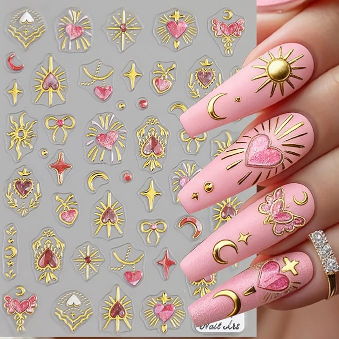 Stars Moon Nail Art Stickers Self-Adhesive Gold Stars Moon Hearts Nail Decals Designs Holiday French Tip Nail Sticker Valentine DIY Manicure Decoration Supplies Accessories for Women