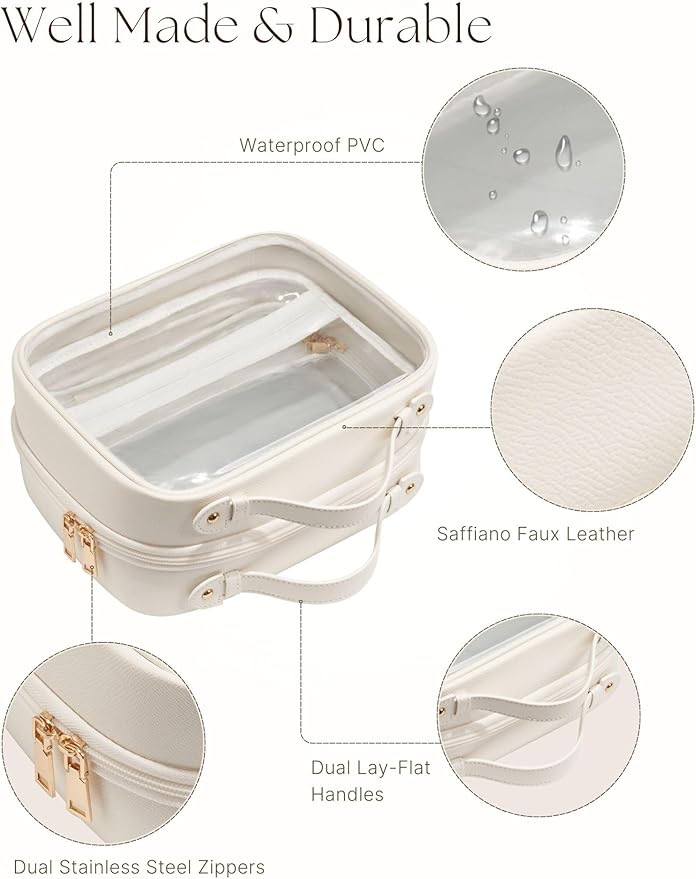 Oaque Clear Cosmetic Bag Double Layer Travel Toiletry Bag Clear Makeup Bag Case with 4 Compartments, Transparent Travel Bag for Toiletries, Large Toiletry Bag for Women Cosmetic Case (White, Large)
