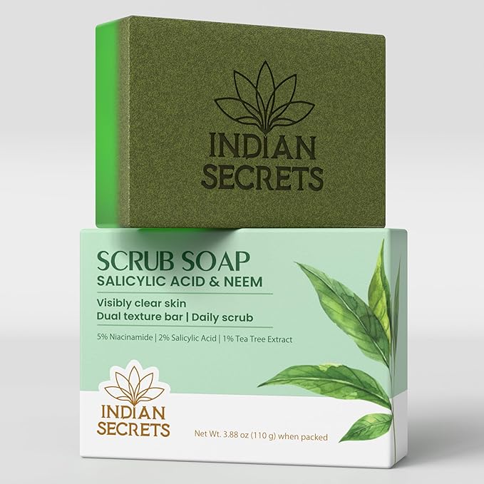 INDIAN SECRETS Scrub Soap with Salicylic Acid & Neem – Exfoliating Body & Face Soap – Enriched with Niacinamide, Tea Tree Extract, Neem, Salicylic Acid 110 g (Pack of 1)