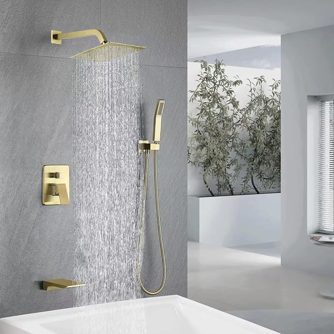 Bathtub Shower System Brushed Gold Shower Fixtures with Tub Faucet and 10 inch Rian Shower Head with Handheld Spray