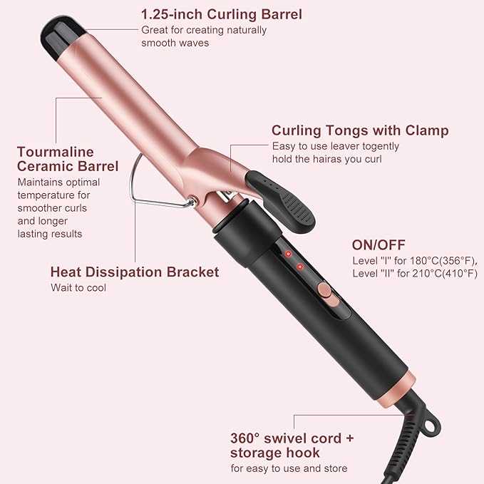 Curling Wand, 32mm Ceramic Hair Curler Tongs with Adjustable Temperature for Long & Medium Hair, Professional Hair Curler with Glove, Dual Voltage