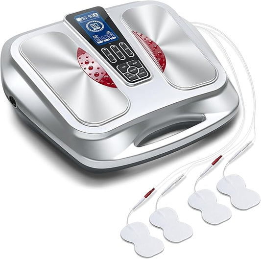 EMS Foot Massager with Heat,TENS Electronic Muscle Circulation Stimulator with 4 Electrode Pads for Neuropathy,Relieves Swelling, Fatigue, Plantar Fasciitis-Silent Operation (Silver) (Silver)
