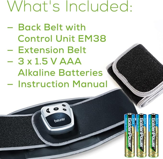 Beurer EM38 Lower Back Pain Relief Belt, TENS Unit Muscle Stimulator | 4 Electrodes | Adjustable & Breathable | Women & Men | Fits 30”-55” Waist | Lower Back Support, Lumbar Support, Back Brace Belt