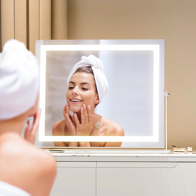 Hasipu Vanity Mirror with Lights, 13.8" x 11.4" LED Makeup Mirror, 3 Color Modes Touch Control and Brightness Adjustment Lighting Mirror, 10X Magnifying Glass, 360° Rotation