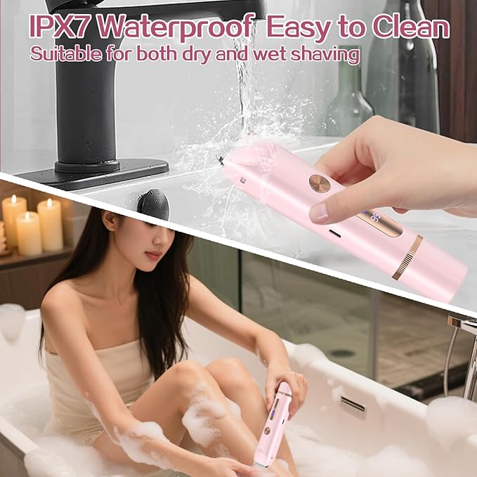 2 in 1 Bikini Trimmer for Women, Dual Head Electric Shaver with LED Display, IPX7 Waterproof Body Pubic Hair Trimmer Rechargeable Womens Electric Razor for Armpit Leg Body Facial (Pink)