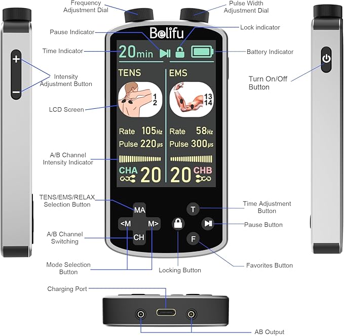 TENS EMS Unit Muscle Stimulator for Pain Relief Therapy - 4 in 1 TENS & EMS & Relax & Custom Frequency+Pulse - Muscle Massager 36 Modes 20 Intensity, Memory & Favorites Function, 3.8" Color Display