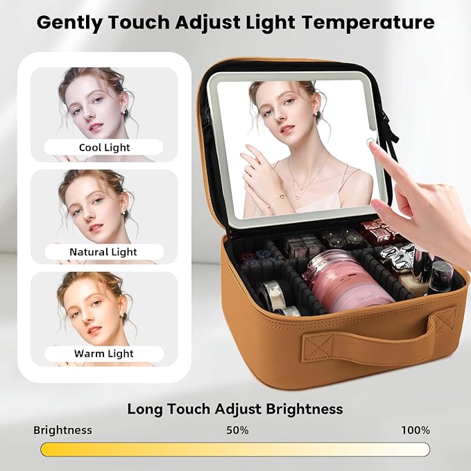 SUILU Makeup Bag with Led Mirror,Portability Cosmetic Case Portable Cosmetic Brush Organizer Bag with Adjustable Dividers,Gift for Women,Girls Gift (Light Brown)