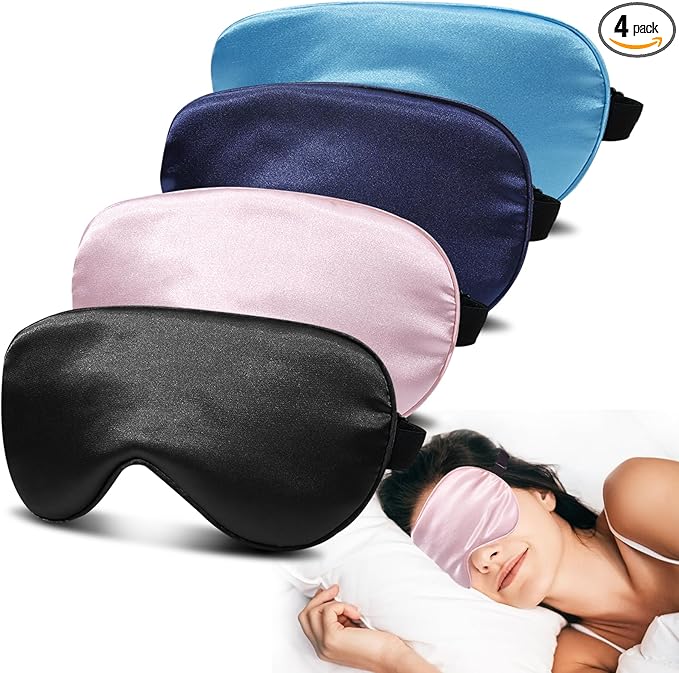 JroyJoy 4 Pack Super Soft Silk Sleep Mask - 100% Blackout, Zero Eye Pressure, Blindfold with Adjustable Strap, Travel Eye Covers (Black&Pink&Blue&Light Blue)