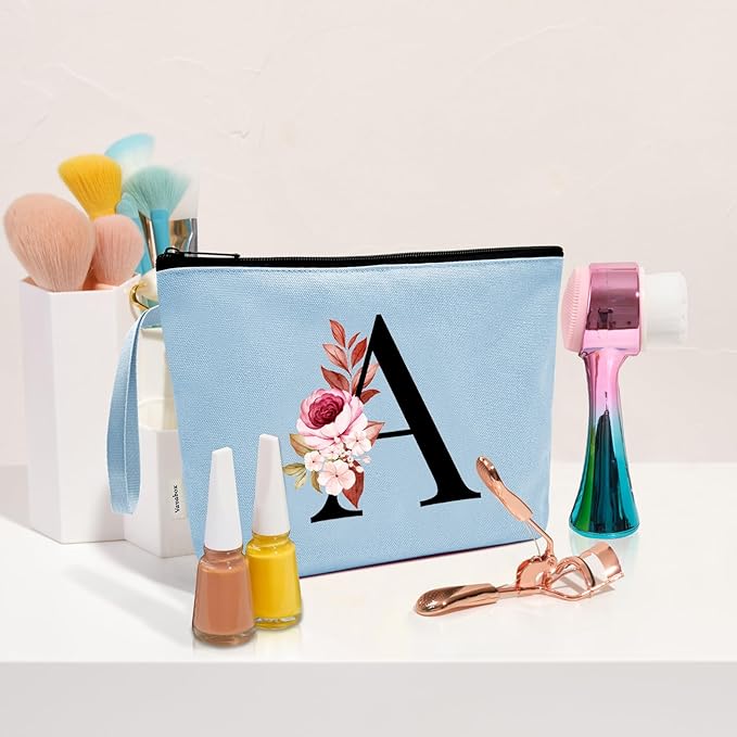 Vavabox A-Z Personalized Makeup Bag, Birthday Gifts for Women Mom, Gifts for Best Friend, Bride Bridesmaid Cosmetic bag (V, Blue)