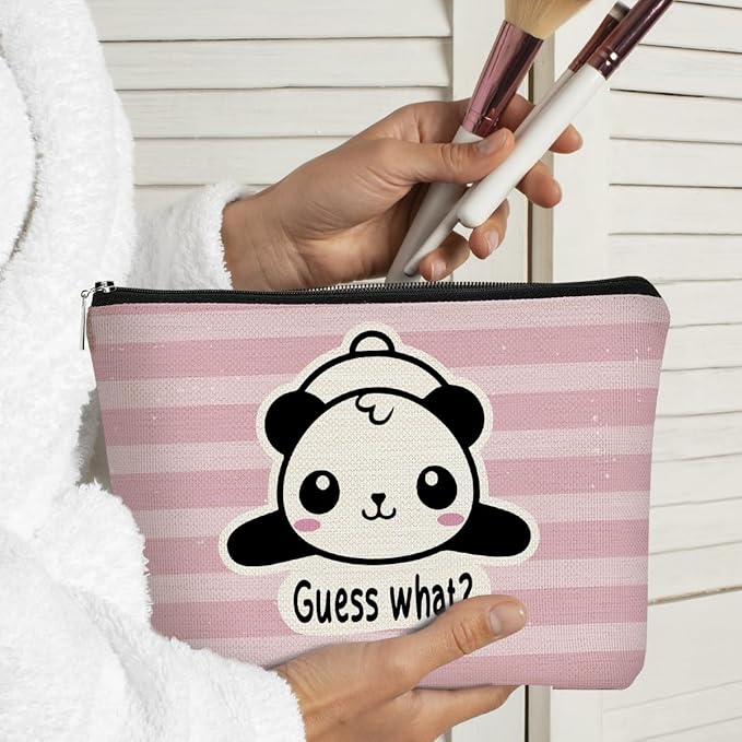 BARPERY Panda Gifts Pink Makeup Bag,Gifts for Panda Lover Wonmen Girls,Cute Baby Panda Guess What It's Pug Butt Cosmetic Bag,Makeup Case for Teen Girls Daughter, Panda Accessories(Pink Stripe)