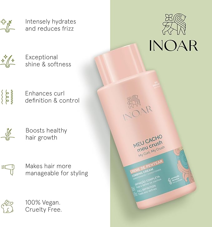 Inoar MEU Cacho MEU Crush Combing Cream with Plant-Based Collagen & Vitamin E for Curly Hair Hydration & Definition, 17.6 fl.oz