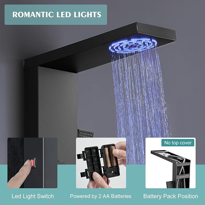 KINKIB Matte Black Shower Panel for Bathroom - 5 In 1 Full Body Shower Tower With Led, Rainfall Shower Head With Powerful Body Jets, Handheld Shower And Tub Spout
