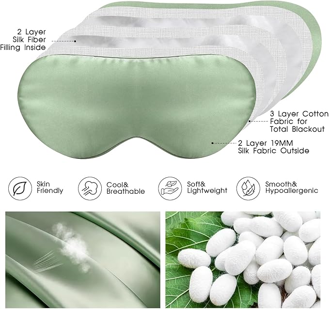 SILKTALE 100% Mulberry Silk Eye Mask for Sleeping with Silk Wrapped Adjustable Strap,Sage Green
