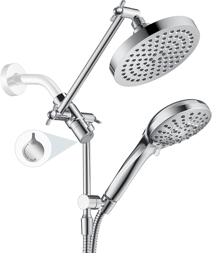 BRIGHT SHOWERS Rain Shower Head with Handheld Spray Built-in Power Wash, High Pressure Dual Shower Head with Height Adjustable Extension Arm, 3-Way Diverter, 9 Settings Handheld, 69” Long Hose, Chrome