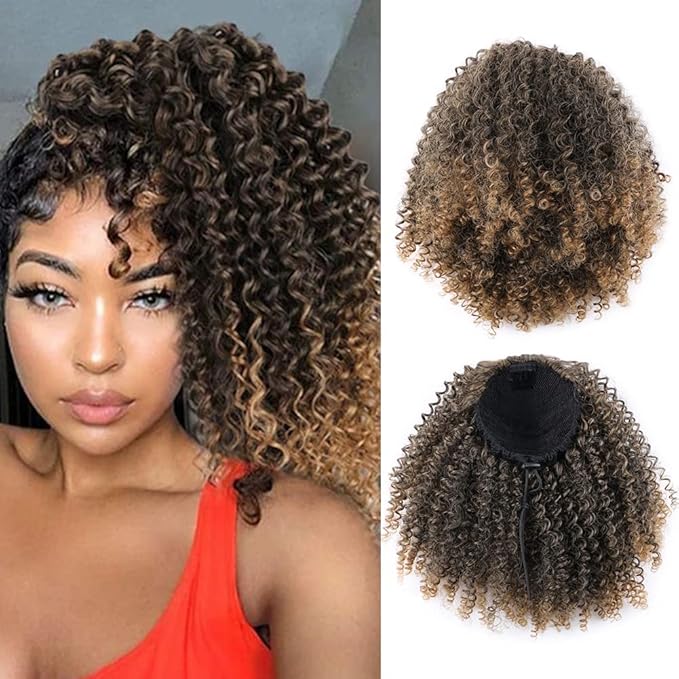 Drawstring Ponytail Afro Kinky Curly for Black Women Short Wave Synthetic Ponytail Hair Extension(T1B/27)