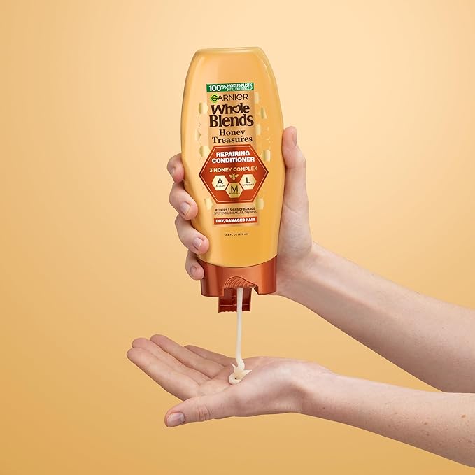 Garnier Whole Blends Honey Treasures Repairing Shampoo, Conditioner + Miracle Nectar Leave-In Set for Dry, Damaged Hair (3 Items), 1 Kit (Packaging May Vary)