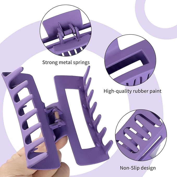 4 Inch Big Hair Claw Clips 6 Pcs Large Claw for Thick Hair Square Hair Clips for Women Rectangle Hair Clips Nonslip Acrylic Banana Jaw Clips Hair Accessories for Girls (Purple)