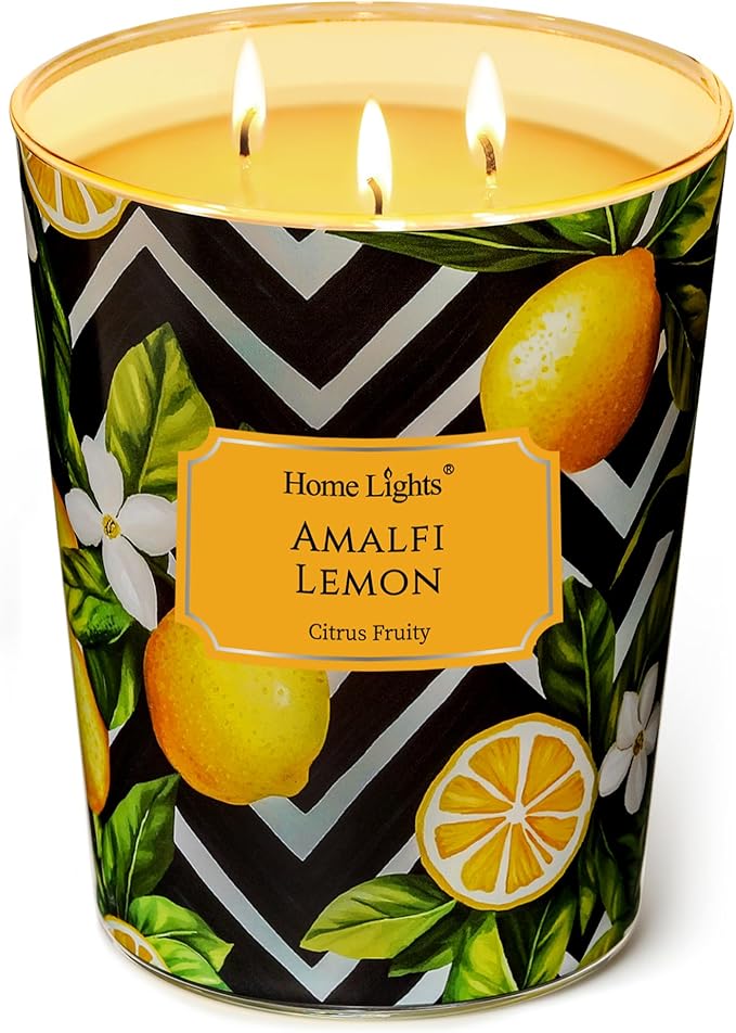 HomeLights Scented Candles | Large Jar 34 Oz Natural Soy Candle | 130 hrs Long-Lasting with 3 Wicks | Eclectic Mixed Styles Home Decor | Gifts for Mom & Women, Amalfi Lemon