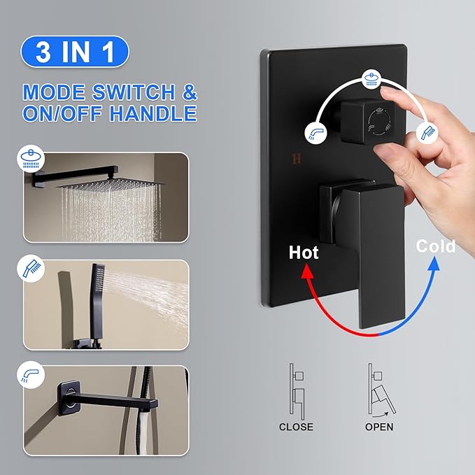 POPFLY Matte Black Shower System - 10 Inch Square Rainfall Shower Head & Handheld Spray Combo, Wall Mounted High Pressure Faucet Set with Brass Valve, Shower Hose & Trim Kit