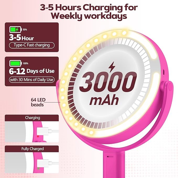 Makeup Mirror with Lights, 30X Magnifying & Height Adjustable, Lighted Magnifying Mirror with 3 Light Modes and Stepless Dimming, Vanity Mirrors for Bathroom, Birthday Gift for Women, Hotpink