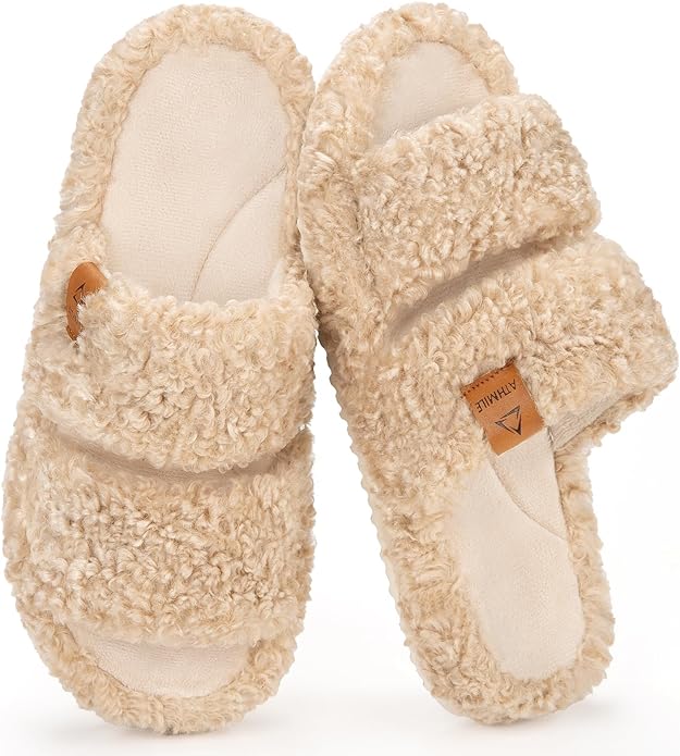 ATHMILE House Slippers for Women with Platform Memory Foam Arch Support Open Toe, Fuzzy Fluffy Cozy Womens Slippers for Home Indoor Outdoor Bedroom Ladies Christmas Gifts Pantuflas Para Mujer