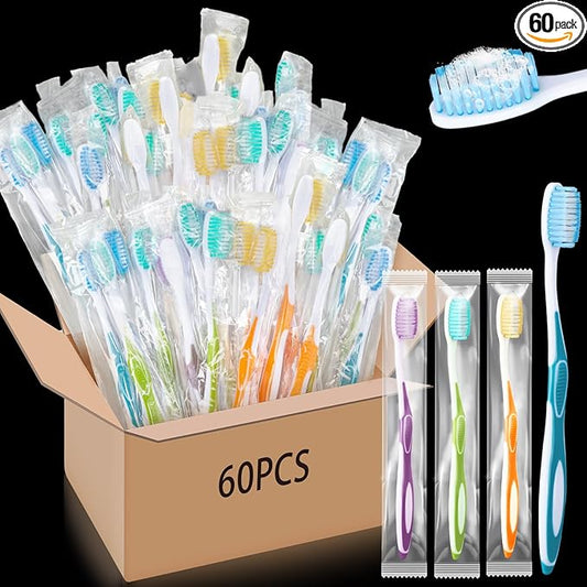 Maxcheck 60 Pack Colorful Prepasted Disposable Toothbrushes Bulk Individually Wrapped Toothbrushes with Toothpaste for Travel Hotel Donation Homeless Gift (Blue,Orange,Green,Purple)