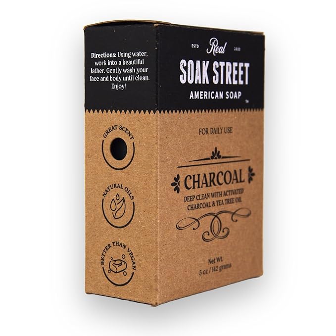 Soak Street Real American Soap with Activated Charcoal & Tea Tree Oil (3 Pack) – Long-Lasting, Moisturizing Natural Bar Soap with Grass Fed Tallow, Gentle Conditioning Lard, & Coconut Oil – Daily Use