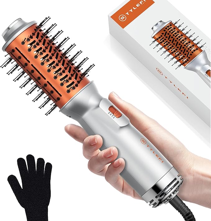 Travel Hair Dryer Brush, Double Voltage 100–240V 4-in-1 Hot Air Brush with 3 Heat & 2 Speed Settings for Drying, Straightening, Curling & Volumizing, Mini Ionic Thermal Blow Dryer Brush for Women