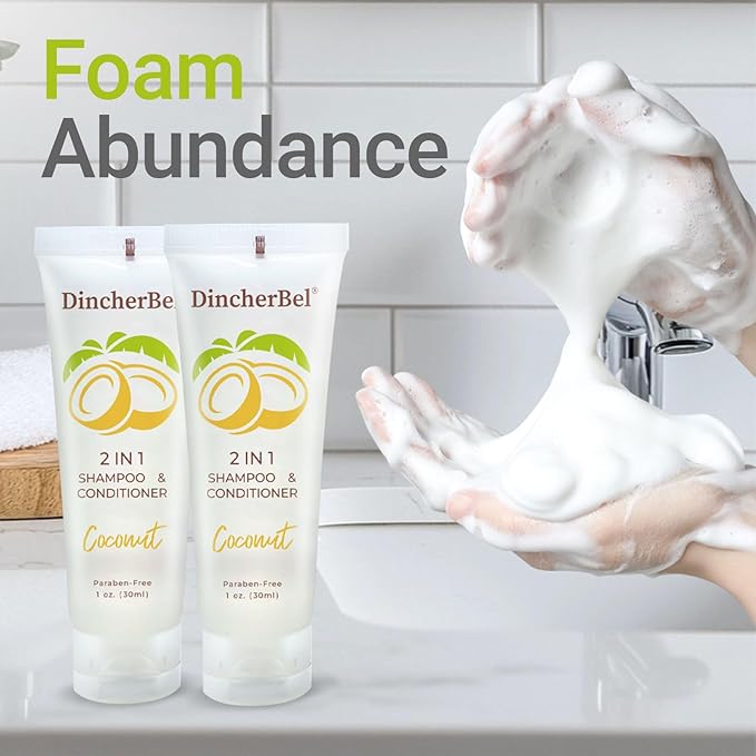 Travel Size 2 in 1 Shampoo & Conditioner, Refreshing Tropical Coconut Scent Shampoo Amenities - Small Hotel Toiletries in Bulk (1 Fl Oz, 100 Pack)