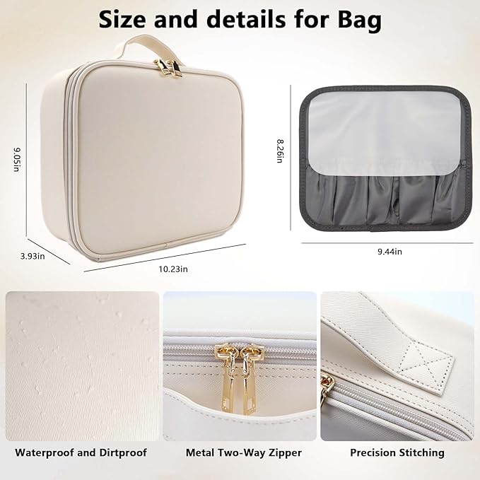 SLUMAZI Travel Makeup Bag with LED Mirror Travel Makeup Organizer with 3 Lighted Settings, Adjustable Dividers and Makeup Brush Storage Bag White