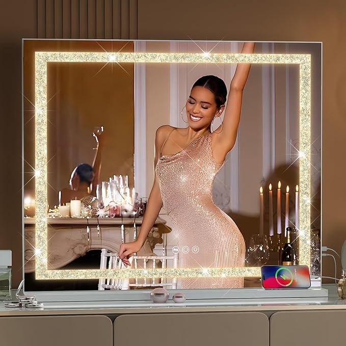 Fenair Vanity Mirror with Crushed Diamond Lights Strip 31.5" x 22.8" Lighted Hollywood Makeup Mirror with Tempered Glass, USB Charging Port, 3 Colors Modes, Dimmable Light and 10X Magnification Mirror