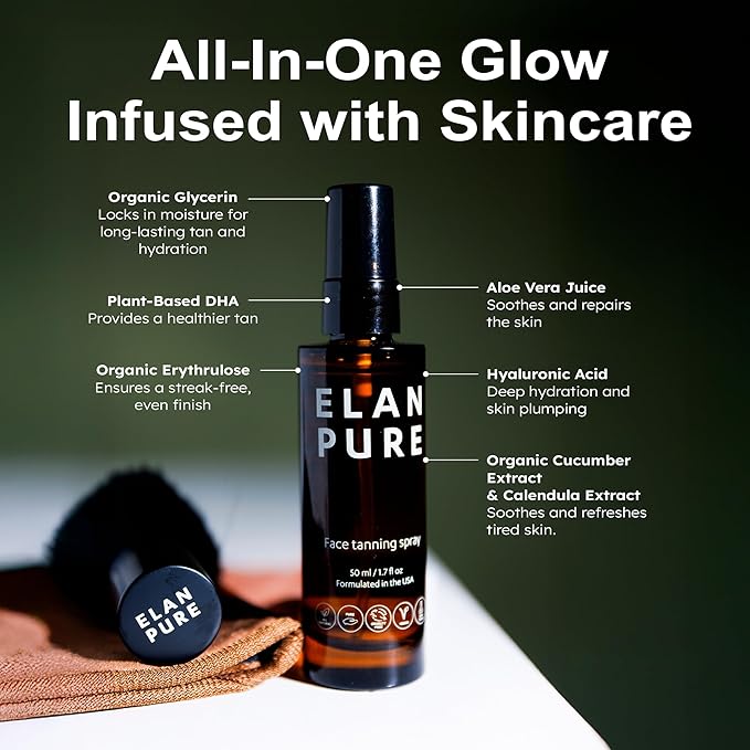 Elan Pure Face Tanning Mist, Organic Ingredients, Sunless Self Tanner, Bronzing, Hydrating, Streak-Free, Long Lasting Glow