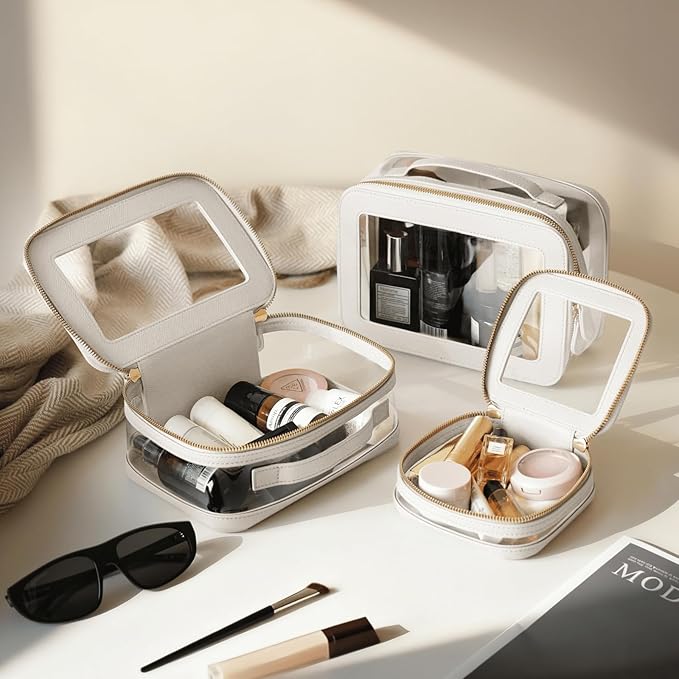 Oaque Clear Cosmetic Bag Set for Women Makeup Bag with Handle, 3 Pcs Travel Toiletry Bag Transparent Cosmetic Case Portable Make Up Organizer Bag for Essentials (White, Mini+S+L)