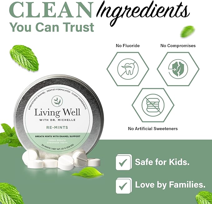 Living Well with Dr. Michelle RE-Mints – Remineralizing Breath Lozenge with Hydroxyapatite + Xylitol – Fluoride-Free, Dentist-Developed, Enamel Support, Clean Ingredients – 30 Count