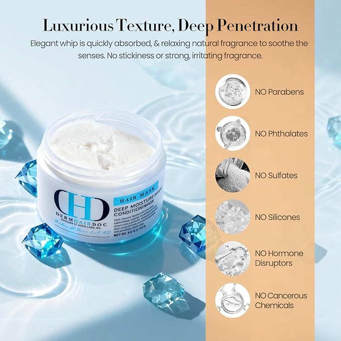 Hair Mask, Deep Conditioning Hair Mask, Hydrating Detangler Moisturizing Dermatologist-Developed Treatment for Curly, Dry, Frizzy, Swimmer's Hair & Itchy Scalp – 5.5 oz