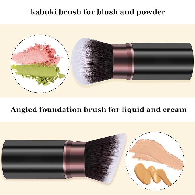 Keriloo Retractable Makeup Brush, Travel Kabuki Powder Makeup Brush 2 Pack, Foundation Face Blush Brushes for Blending Liquid, Blush, Bronzer, Buffing, Sunscreen,Flawless Cosmetics