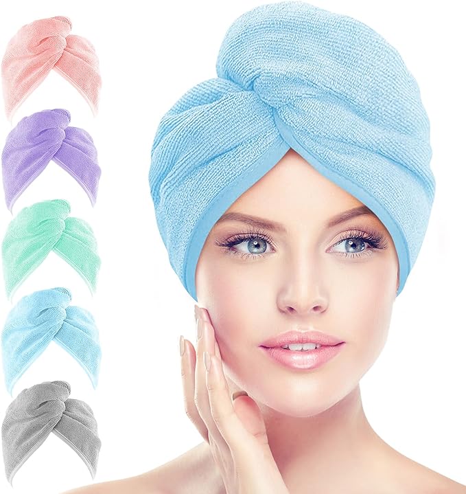 AIDEA Microfiber Hair Towel Wrap, 5 Pack Hair Turbans, Super Absorbent Quick Dry Hair Towel Wrap for All Hair Types Anti Frizz, 26"×10"