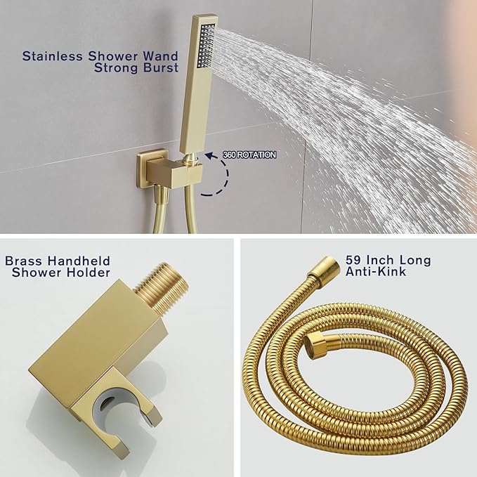 annazom Rain Shower System 12 Inch Ultra Large Shower Head High Pressure Brushed Gold Surface Dual Function Shower Vavle Trim Kit