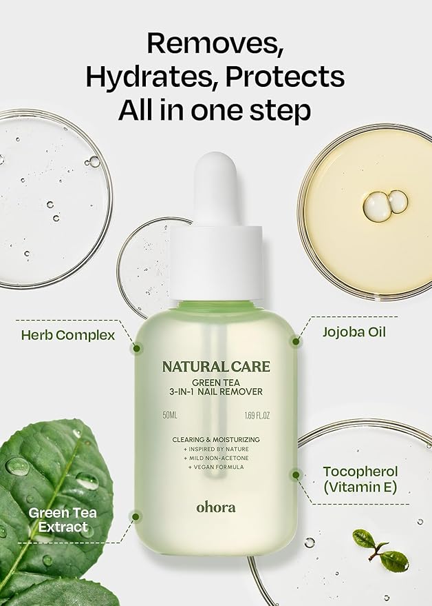 ohora Natural Care Green Tea 3-in-1 Nail Remover 50mL – Non-Acetone, Gentle Moisture-Retaining Formula with Green Tea Extract – For Gel, Press-On & Polish, Smooth Easy Nail Removal