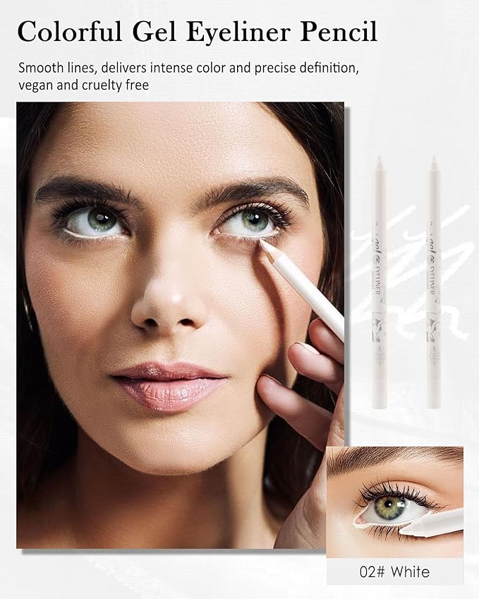 2Pcs White Eyeliner for Waterline, Cream Gel Eyeliner Waterline Waterproof Smudge-Proof Eye Liner Pen, Safe for Sensitive Eyes, Matte Rich Colored Eye Brightener Pen Multi-Use Makeup with Sharpener
