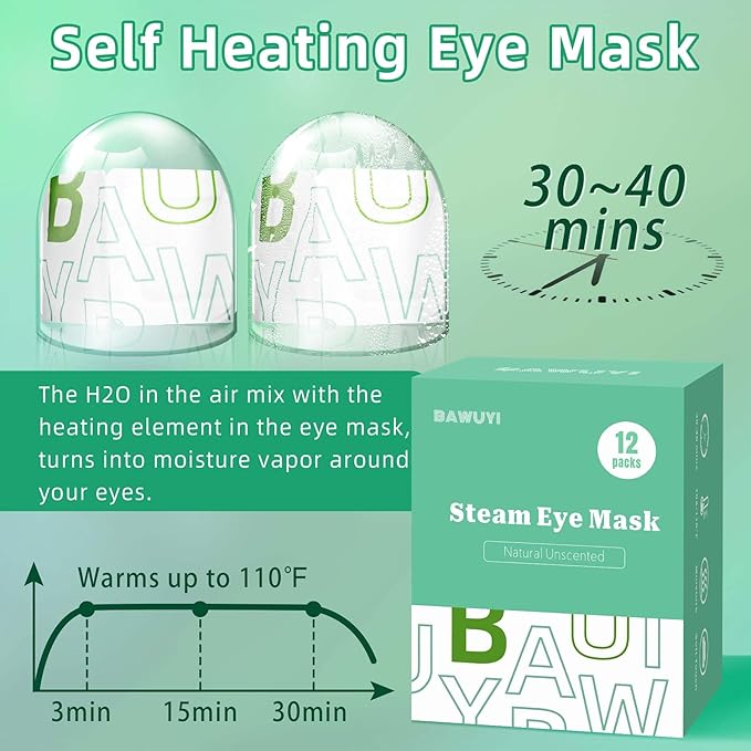 BAWUYI 12 Packs Self Heating Eye Masks for Dry Eyes Disposable Heated Eye Mask Warm Compress Sleep Mask Stress Relief Travel Ready Relaxation Unscented