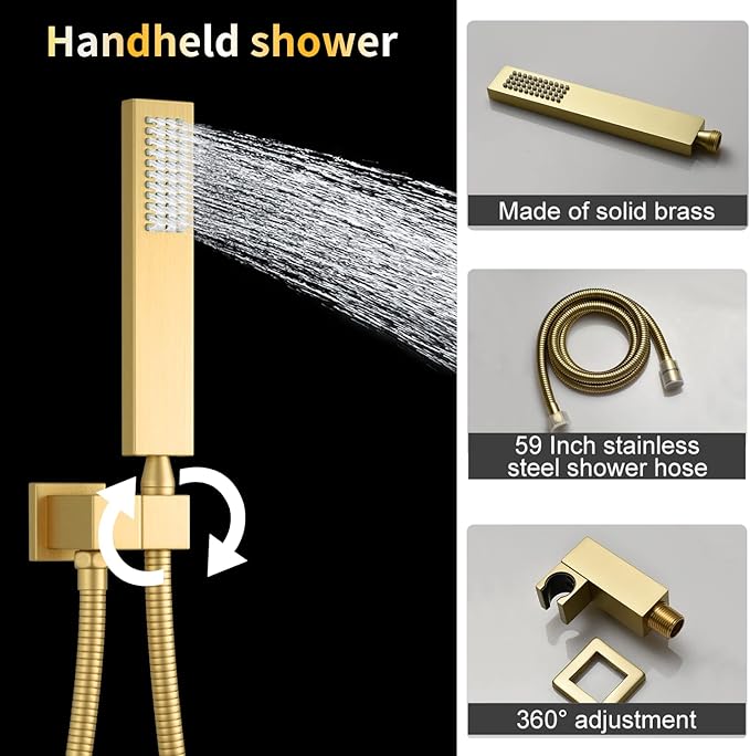 AYIVG Thermostatic Shower System Brushed Gold 4 Functions Complete Shower Faucet Set with 16 * 24 Inches Rainfall and Rain Shower Head Digital Display Shower System with Body Jets