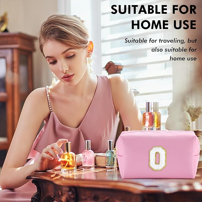 URSKYTOUS Initial Makeup Bag Personalized Preppy Travel Small Cosmetic Bag Cute PU Pink Chenille Letter Makeup Pouch for Purse Waterproof Zippered Toiletry Organizer for Women Girls Kids Friends (O)