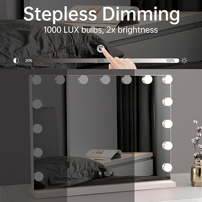 Hollywood Vanity Mirror with Lights, 23"x18" Lighted Makeup Mirror for Desk/Wall Mount, 15 Led Bulbs, 3 Lighting Modes for College Dorm, Bedroom & Dressing Room (White)