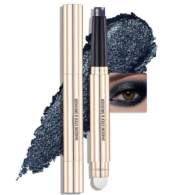 Blue Shimmer Eyeshadow Stick - Dual-Ended Long-Lasting Cream Eye Shadow for Older Women Crease-Proof Metallic Eyeshadow Pencil, Multi-Use Eye Crayon Highlighter Makeup with Built-in Smudger