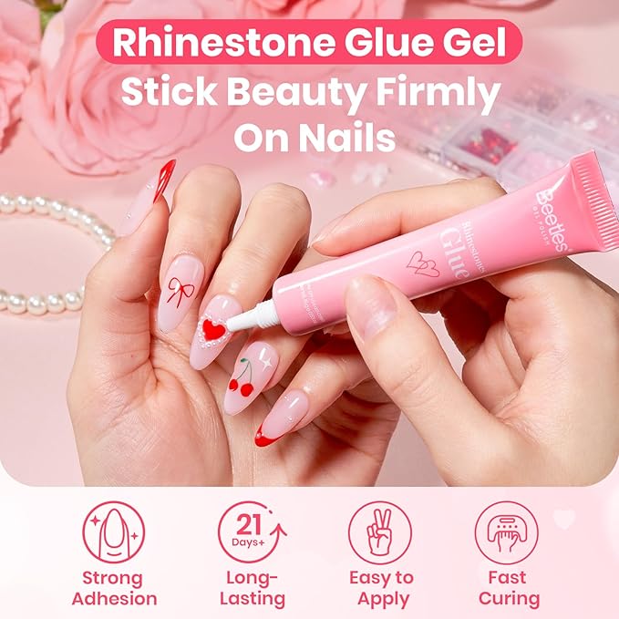 Beetles Valentine’s Day Gift Rhinestones Glue Kit - 3D Gel Nail Art & Sculpting Gel Glue and with Heart Charm Diamond Jewelry, Nail Decorations for DIY Gel Nail Polish